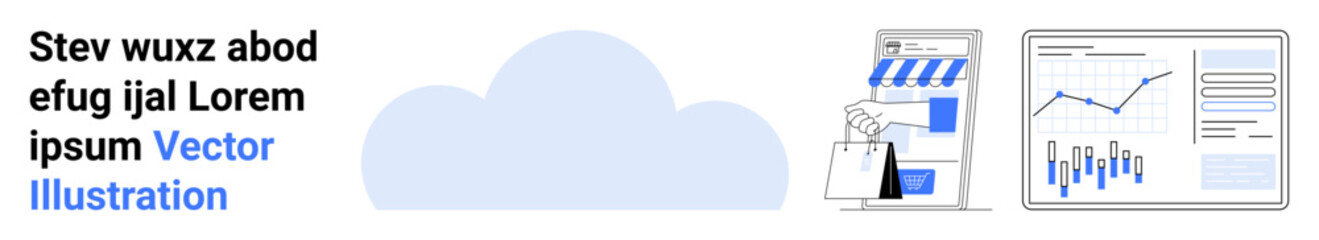 Shopping bags, storefront with awning, bar charts, line graph, and cloud background. Ideal for online shopping, retail, data analysis, business growth, statistics, e-commerce, and cloud services