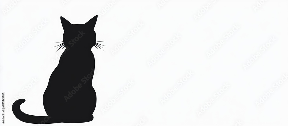 Poster Black silhouette of a cat against a plain white background with ample copy space for text placement
