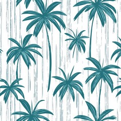 Abstract coconut palm trees set against a striped background. A seamless tropical pattern.