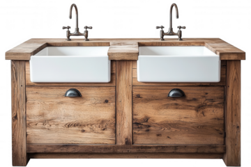 Rustic Elegance, Double farmhouse sinks, wooden cabinetry, vintage faucets, country-style kitchen fixture, warm tones Isolated on white background or PNG