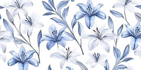 A seamless pattern of lilies in shades of blue and gray, arranged on a white background, in a watercolor style.