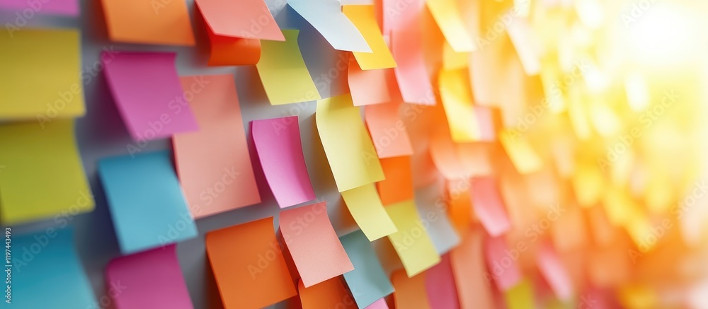 Poster colorful sticky notes in warm lighting on an office wall representing teamwork and creative brainsto