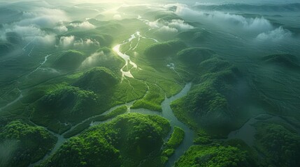 Fototapeta premium A breathtaking aerial view of winding rivers cutting through lush green valleys. 