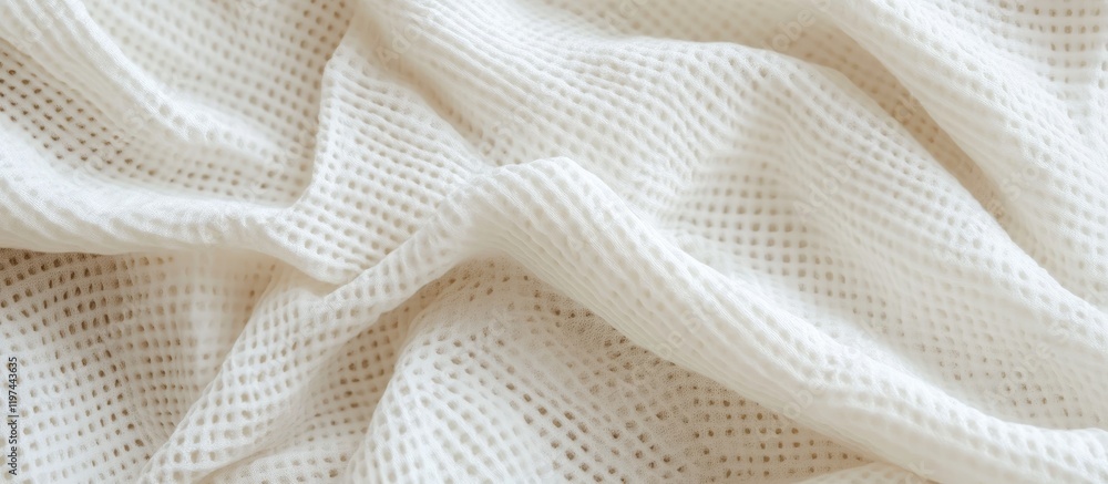 Poster textured white fabric surface with open weave pattern and soft drape copy space