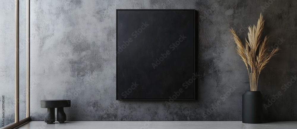 Wall mural Contemporary black canvas frame mockup showcasing minimalist artwork in a sleek gray modern interior with natural accents and ample blank space