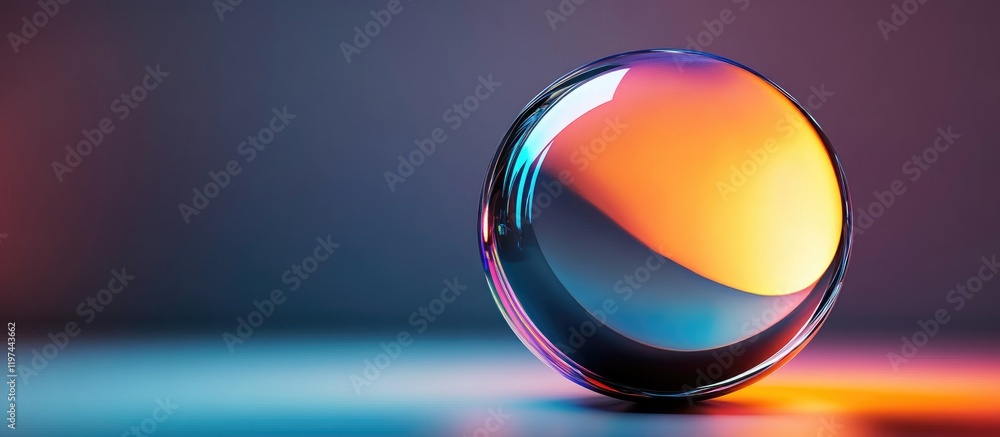 Poster colorful reflective sphere on a smooth surface with gradient lighting and copy space for text placem