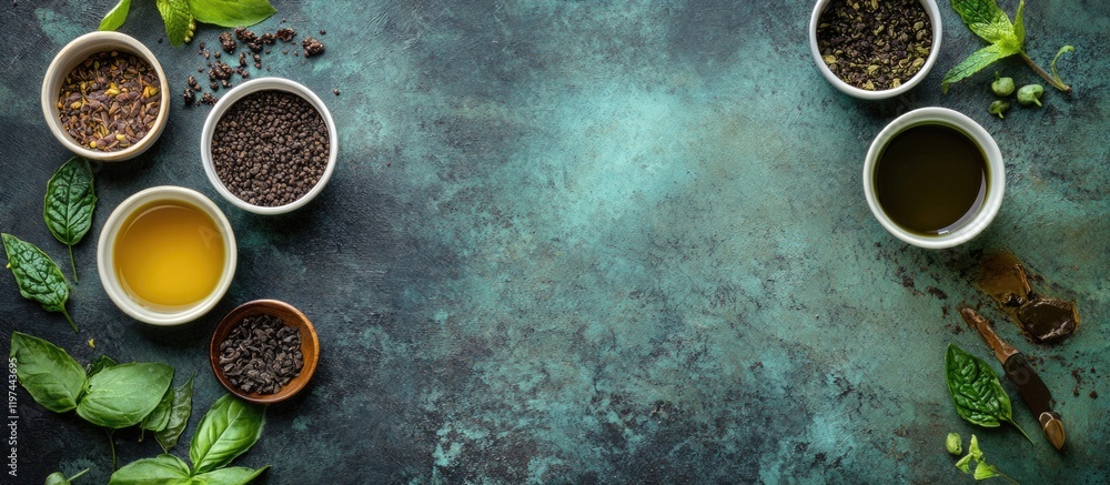 Aufkleber assorted spices and oils in bowls on a textured surface with fresh herbs and copy space for text