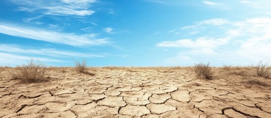 Dry cracked earth with sparse shrubs under a clear blue sky, featuring open space for text. Captured at a low angle to emphasize the landscape.