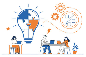 Light bulb puzzle, teamwork concept, business icons, office workers at desks, colorful infographic, creative problem solving, collaboration, idea generation, flat design illustration, corporate meetin