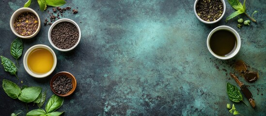 Assorted spices and oils in bowls on a textured surface with fresh herbs and copy space for text
