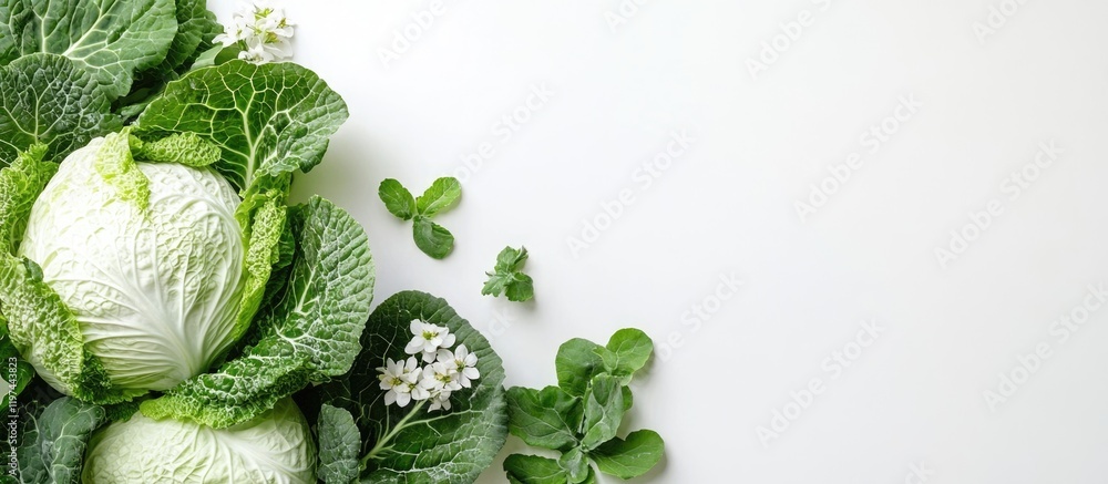 Poster fresh green cabbage and leafy vegetables on a white background with copy space for text placement.