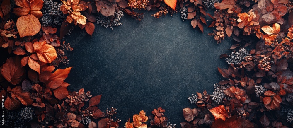 Poster elegant autumn background with gradient red and orange leaves framing a dark textured space for text