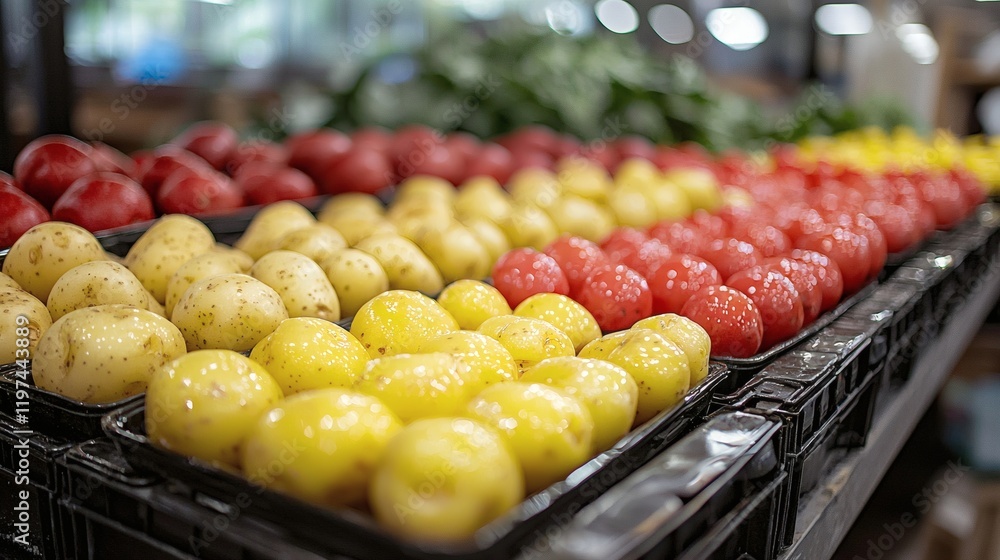 Aufkleber Isolated of colorful varieties of potatoes placed side by side emphasizing diversity in color Stock Photo with side copy space