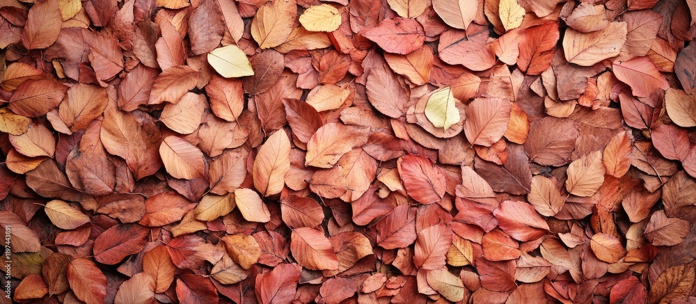 Poster autumn colored leaves in shades of red and orange densely scattered on a textured surface creating a