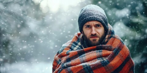Man wrapped in a plaid blanket standing in a snowy forest with falling snowflakes cold weather winter scene Copy Space