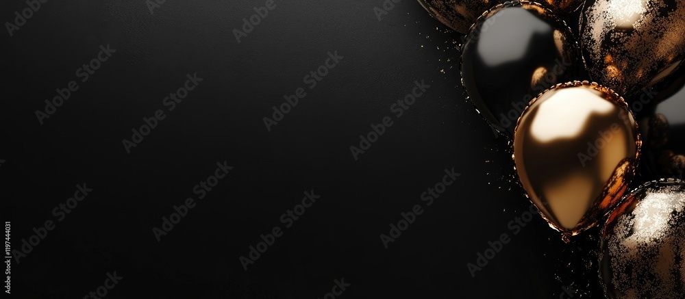 Aufkleber black background with gold balloons in the corner featuring copy space for text placement.