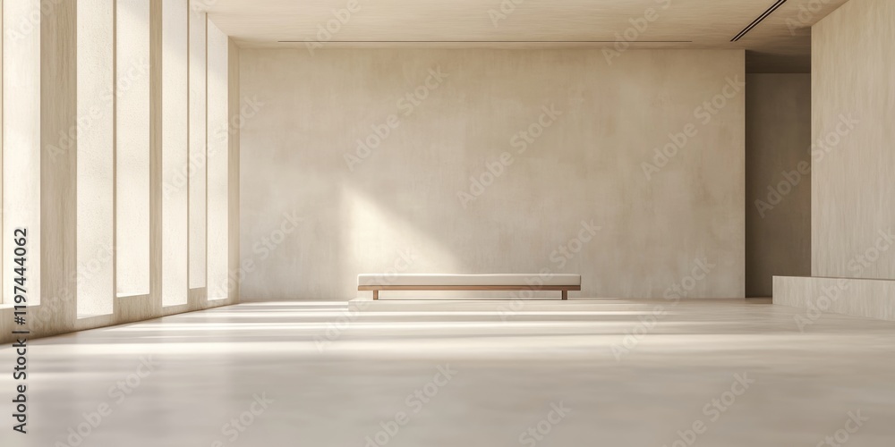 Poster minimalist interior space with large windows and a wooden bench on a concrete floor featuring ample 