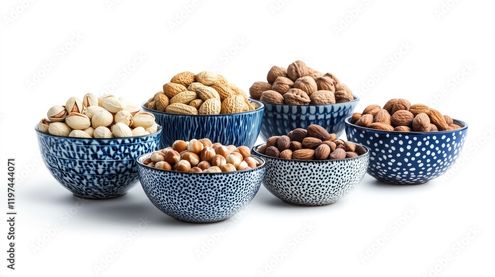 Poster assorted nuts in decorative bowls various textures and colors on white background high angle view he