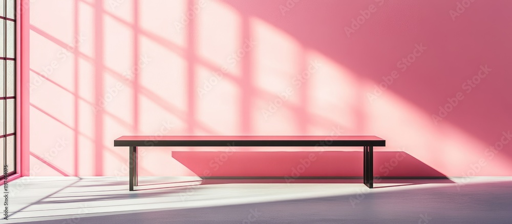 Poster modern black metal table positioned against vibrant pink walls with bright natural light filtering t