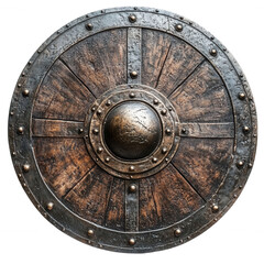 Fototapeta premium Medieval Warrior Shield, weathered wood, metallic studs, central boss detailing, rustic defense artifact, circular form Isolated on white background or PNG