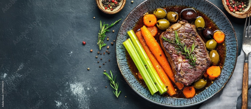 Aufkleber braised steak served with roasted carrots celery and olives on dark textured background with empty s