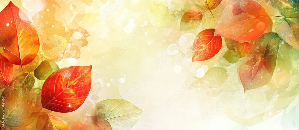 Aufkleber vibrant autumn background featuring colorful orange, red, and yellow leaves with soft glowing bokeh 