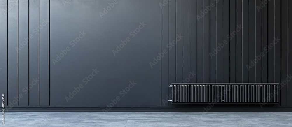 Poster black horizontal metal compressor and radiator against textured dark gray wall with empty copyspace 