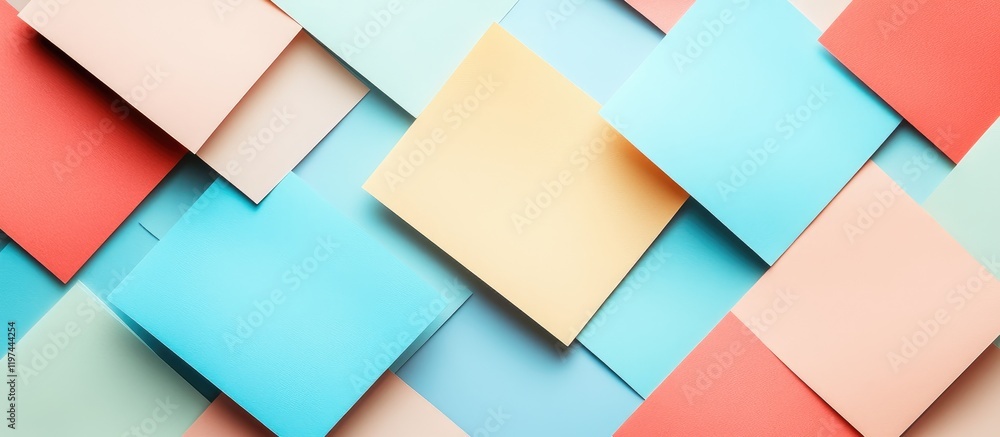 Poster colorful paper squares layout for creative brainstorming with empty space for text in pastel hues of
