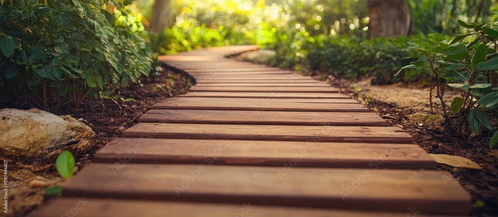 Poster wooden pathway through lush greenery in a natural outdoor setting with sunlight filtering through tr