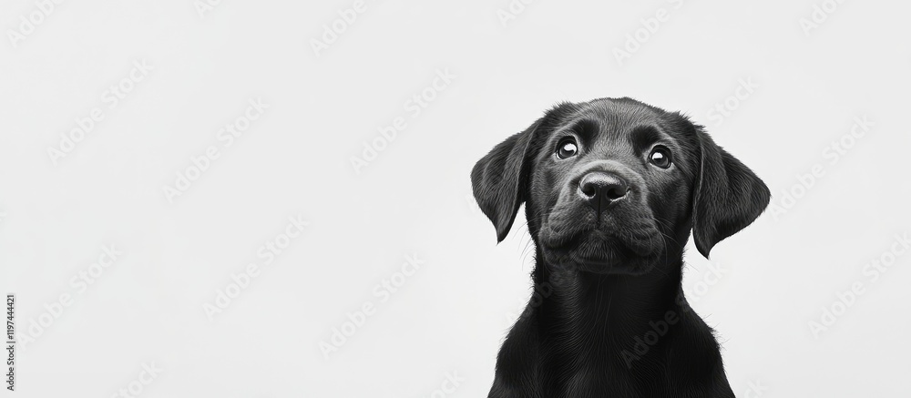 Aufkleber black labrador puppy looking up on a bright white background with empty copyspace for text and minim