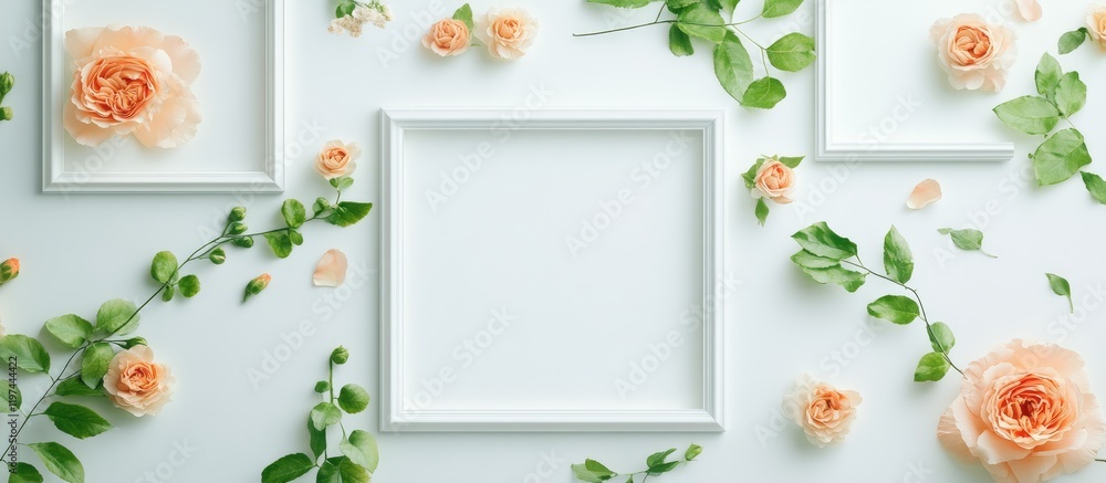 Poster white picture frames surrounded by soft peach roses and green leaves on a light background with copy