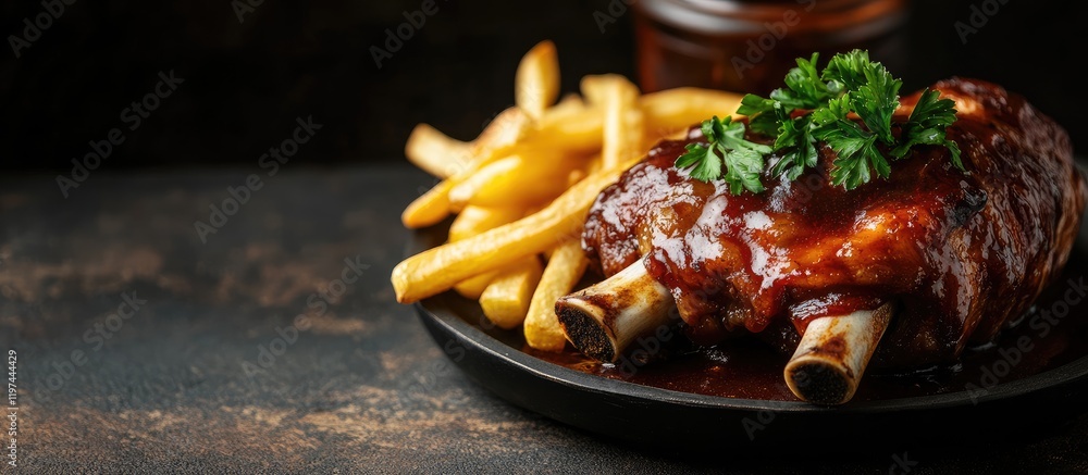 Poster braised pork knuckle glistening with rich sauce served alongside golden crispy fries on a dark rusti