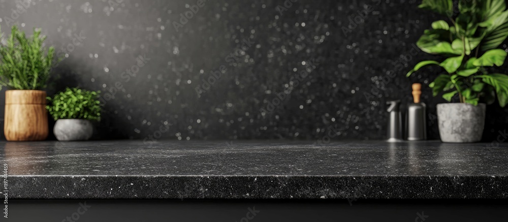 Poster black matte granite texture countertop with green plants on side and empty copyspace for product dis
