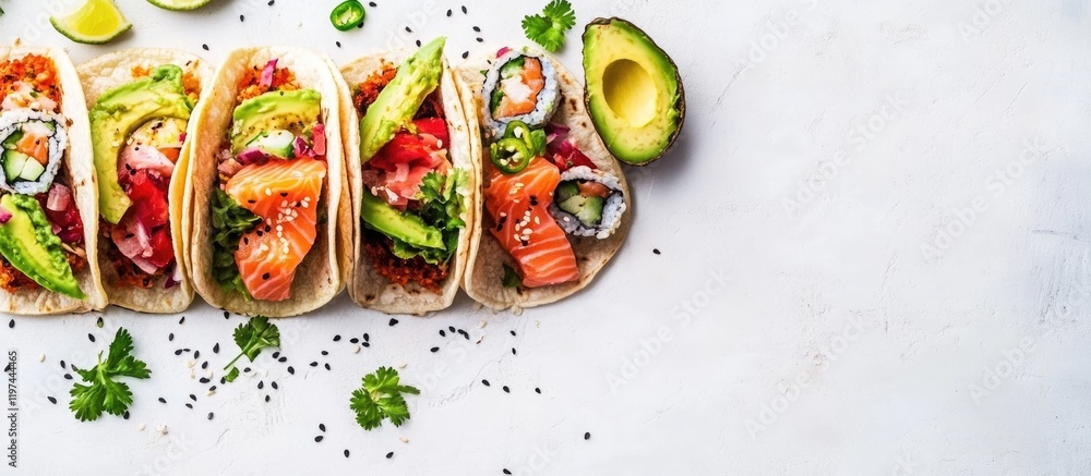 Poster fresh salmon tacos with avocado and vegetables arranged on a white background with copy space for te