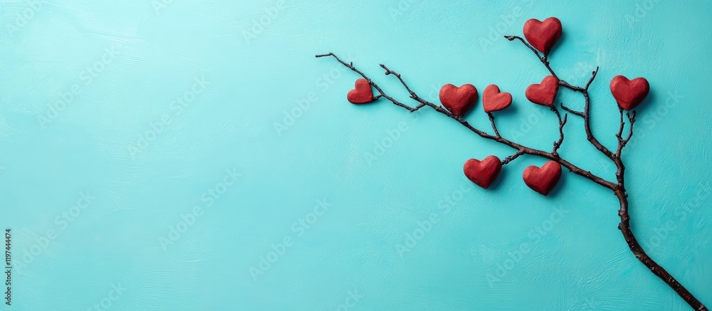 Poster red heart decorations on a brown branch against a vibrant turquoise backdrop with ample empty space 