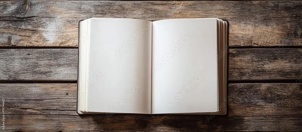 Poster creative brainstorming session with open book on rustic wooden table blank pages for text note takin
