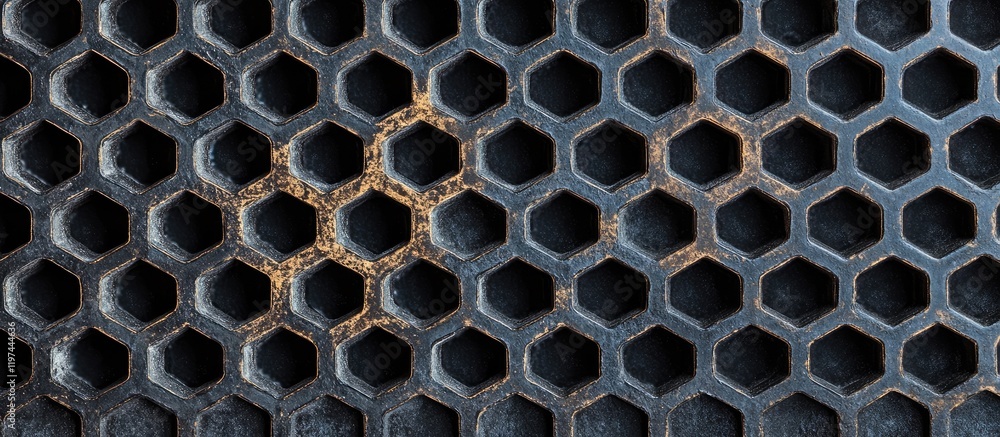 Poster black hexagonal honeycomb texture with empty copyspace for text ideal for industrial or modern desig
