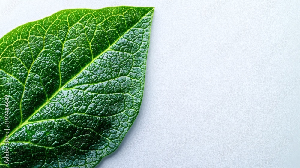Poster isolated of a single spinach leaf with detailed veins and vibrant green color on a white background 