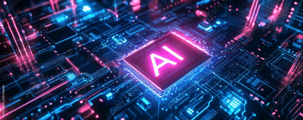 Poster futuristic ai concept with neon lights and circuit patterns, digital vector design featuring bold ai
