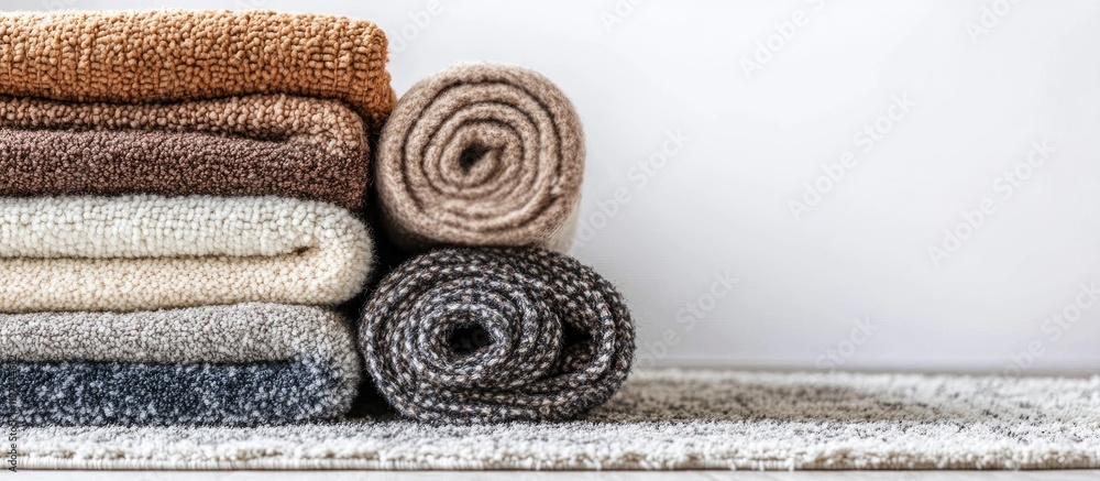 Poster rolled textured blankets stacked in neutral colors on a shelf with a white background and copy space