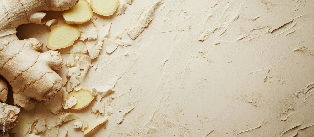 Poster ginger root slices and pieces on a textured beige background with copy space for text or design elem