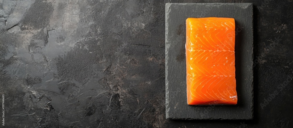 Poster fresh salmon fillet on a dark slate background with copy space for text