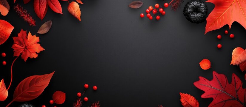 Autumn Black Friday Sale Decorative Banner Featuring Deep Red and Orange Leaves on a Black Background with Ample Copyspace for Text