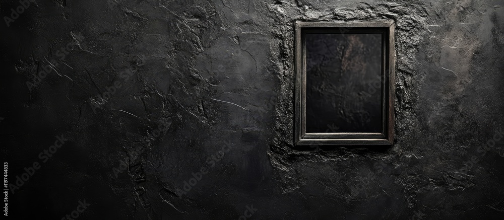 Poster dark grunge cement wall with vintage frame and attic window creating space for text in a dimly lit r