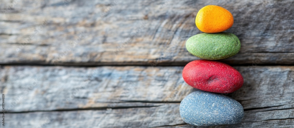 Poster four stacked multicolored pebbles on wooden background with copy space for text