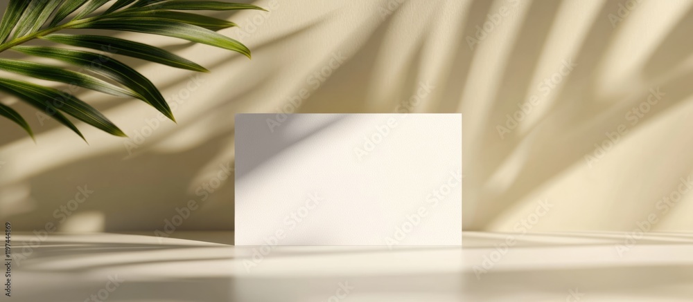 Poster blank white card on a minimalistic background with plant shadows and soft lighting creating a clean 
