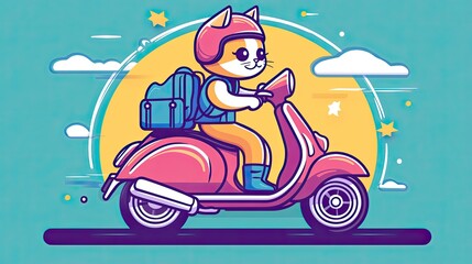 Naklejka premium Cute cat riding a scooter, sunny day, cartoon style, travel poster