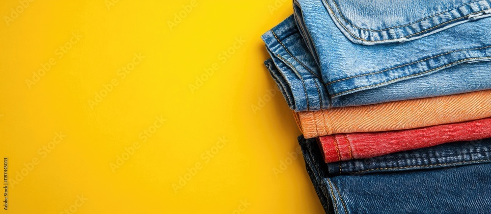 Poster stack of folded denim jeans in various colors on a bright yellow background with copy space for text