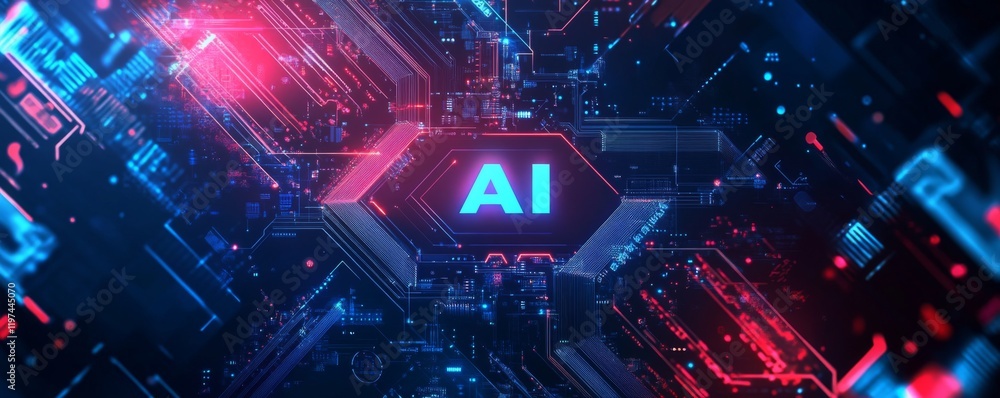 Poster neon circuit ai design, vibrant neon lights and circuit patterns create a striking ai visual on a da