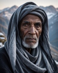 A weathered elder in traditional attire stares thoughtfully, set against majestic mountains, embodying wisdom and life's enduring journey.